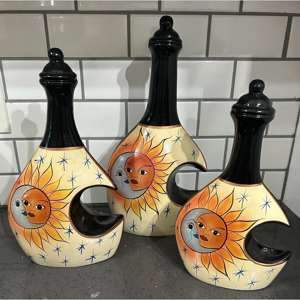Set of 3 Celestial Sun & Moon Black Yellow‎ Decorative Jars Pitchers Bottles